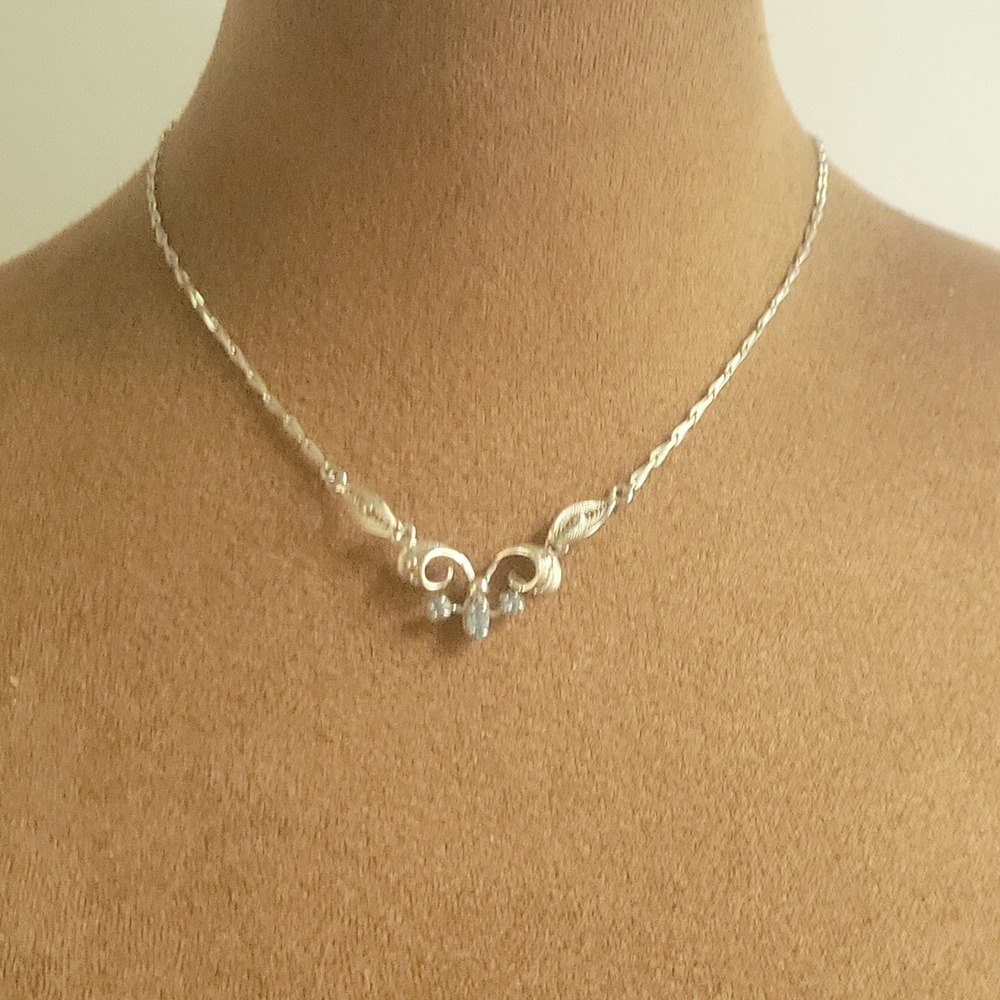 Lang Vintage Filigree Icy Blue Rhinestone Necklace Silver Tone 14 Inch